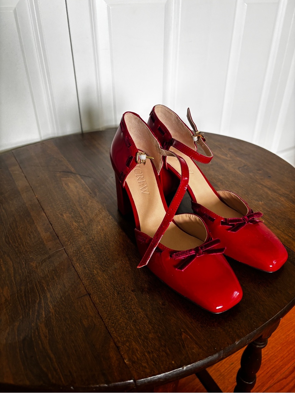 J. Crew Red Patent Mary Jane Block Heels with Bow Accent